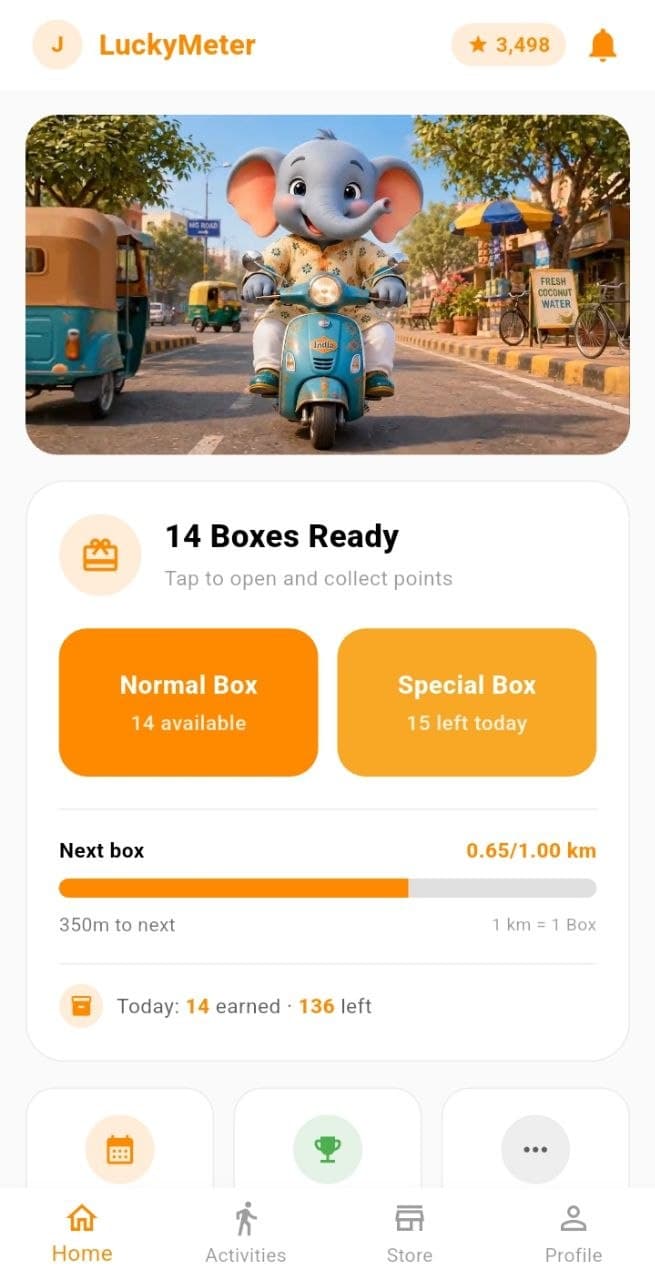 LuckyMeter home screen showing points balance and ride tracking