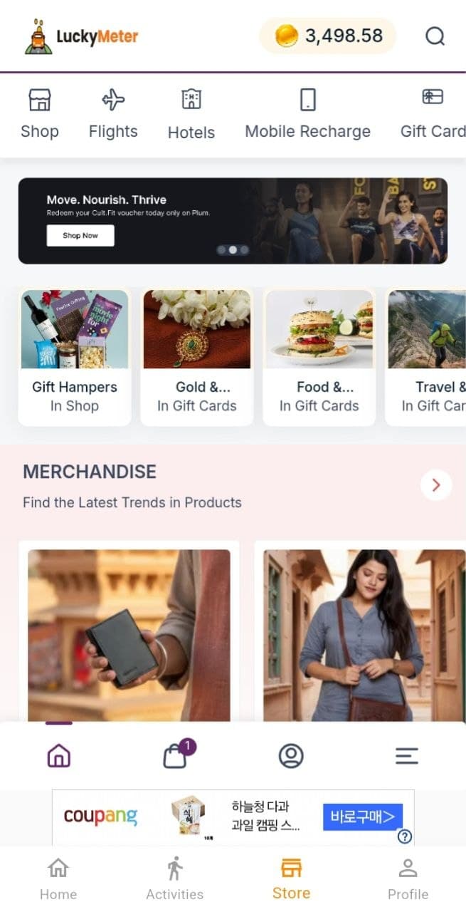 LuckyMeter rewards store showing shopping brand vouchers
