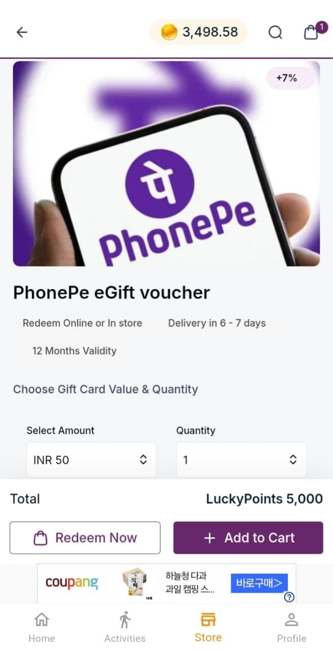 LuckyMeter rewards store catalog with gift card options